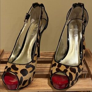 Guess Leopard Print Peep Toe Heels - Red and Tan
